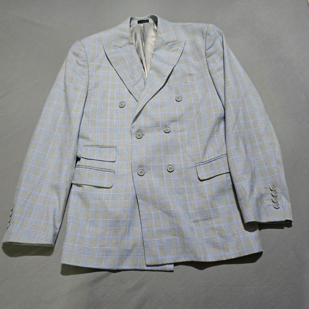 Stacy Adams Blazer Men 38R Grey Plaid Double Breasted Peak Lapel Suit Jacket